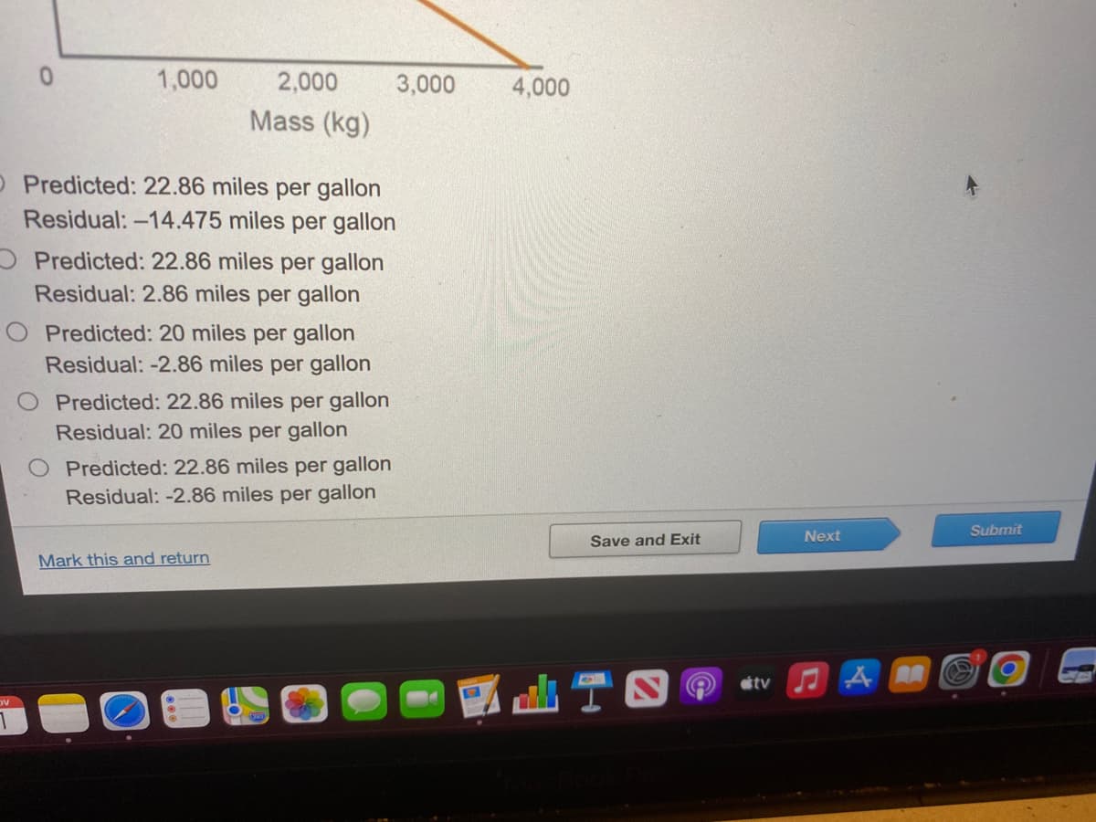 0
1,000
2,000
Mass (kg)
O Predicted: 22.86 miles per gallon
Residual: -14.475 miles per gallon
Predicted: 22.86 miles per gallon
Residual: 2.86 miles per gallon
Predicted: 20 miles per gallon
Residual: -2.86 miles per gallon
O Predicted: 22.86 miles per gallon
Residual: 20 miles per gallon
O Predicted: 22.86 miles per gallon
Residual: -2.86 miles per gallon
Mark this and return
3,000
4,000
Save and Exit
tv
Next
AM
Submit