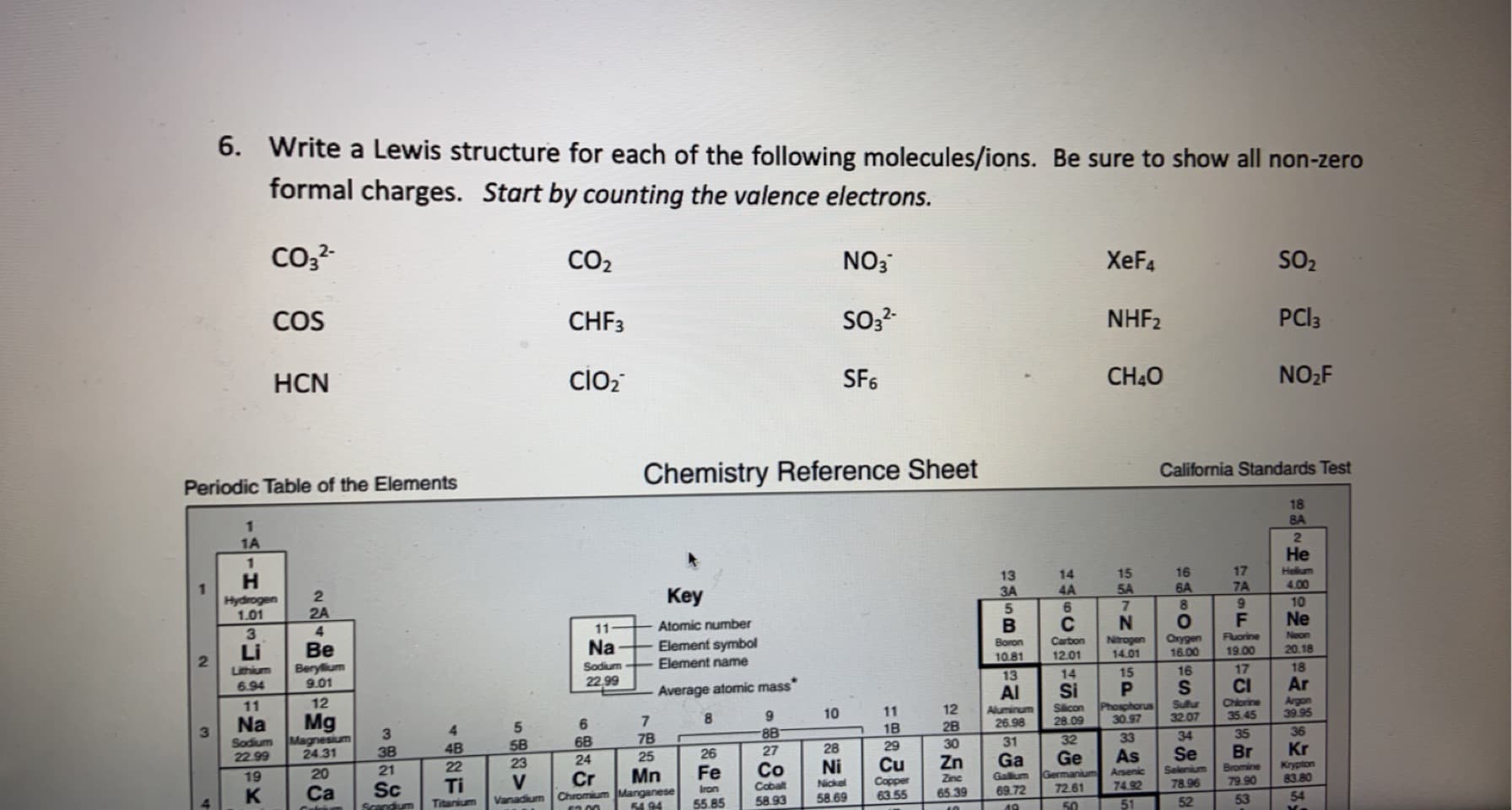 **Educational Website Content:**

---

## Lewis Structures for Molecules and Ions

### Instructions
**Question:**
Write a Lewis structure for each of the following molecules/ions. Be sure to show all non-zero formal charges. *Start by counting the valence electrons.*

### Molecules/Ions to Consider
1. CO₃²⁻
2. CO₂
3. NO₃⁻
4. XeF₄
5. SO₂
6. COS
7. CHF₃
8. SO₃²⁻
9. NHF₂
10. PCl₃
11. HCN
12. ClO₂⁻
13. SF₆
14. CH₄O
15. NO₂F

### Chemistry Reference Sheet

#### Periodic Table of the Elements

A periodic table is provided for reference. Below is a description offered.

1. **Periodic Table Visualization:**
   - Elements are organized in rows and columns. Each element is denoted by a box containing its:
     - Atomic number (the number of protons in the nucleus)
     - Element symbol (one or two-letter abbreviation)
     - Element name
     - Average atomic mass (weighted average mass of the atoms in a naturally occurring sample of the element)

2. **Key Points:**
   - Atomic number: Number at the top of each element's box.
   - Element symbol: The letter(s) in the middle of each box.
   - Element name: Written below the element symbol.
   - Average atomic mass: Found at the bottom of the element's box (displayed with a decimal).

**Example:**

- For Sodium (Na):
  - Atomic number: 11
  - Element symbol: Na
  - Element name: Sodium
  - Average atomic mass: 22.99

**Note:** The element Hydrogen (H) has an atomic number of 1 and an average atomic mass of 1.01, whereas Helium (He) has an atomic number of 2 and an average atomic mass of 4.00.

Understanding the periodic table is crucial for drawing correct Lewis structures, as it helps determine the number of valence electrons an element has.

---

This content aims to facilitate students' learning on how to draw Lewis structures and correctly represent molecules and ions, incorporating the periodic table as an essential tool.