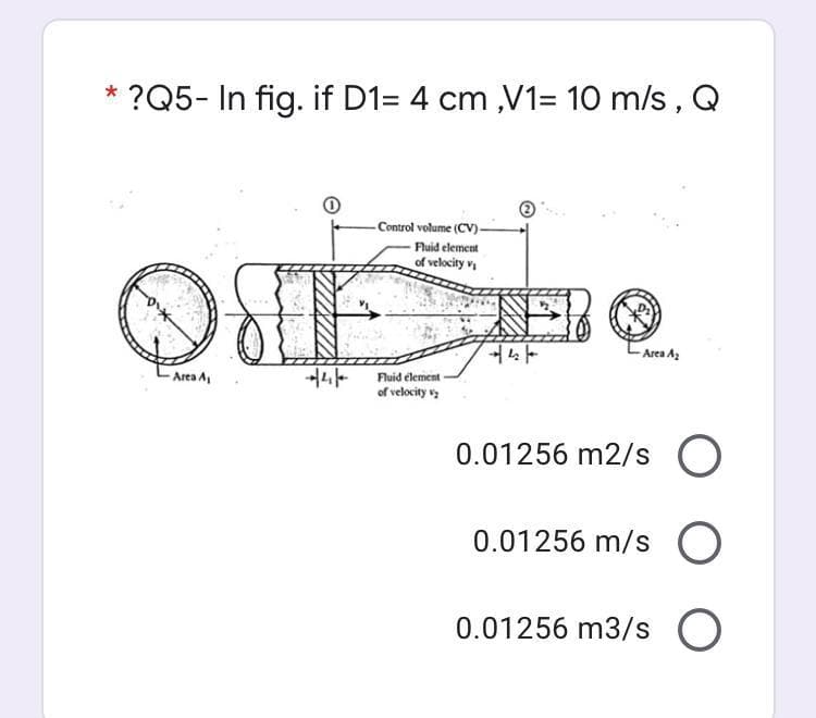 * ?Q5- In fig. if D1= 4 cm ,V1= 10 m/s, Q
Control volume (CV) -
- Fluid element
of velocity v
Area Az
Fluid element
of velocity vy
Area A
0.01256 m2/s O
0.01256 m/s O
0.01256 m3/s O
