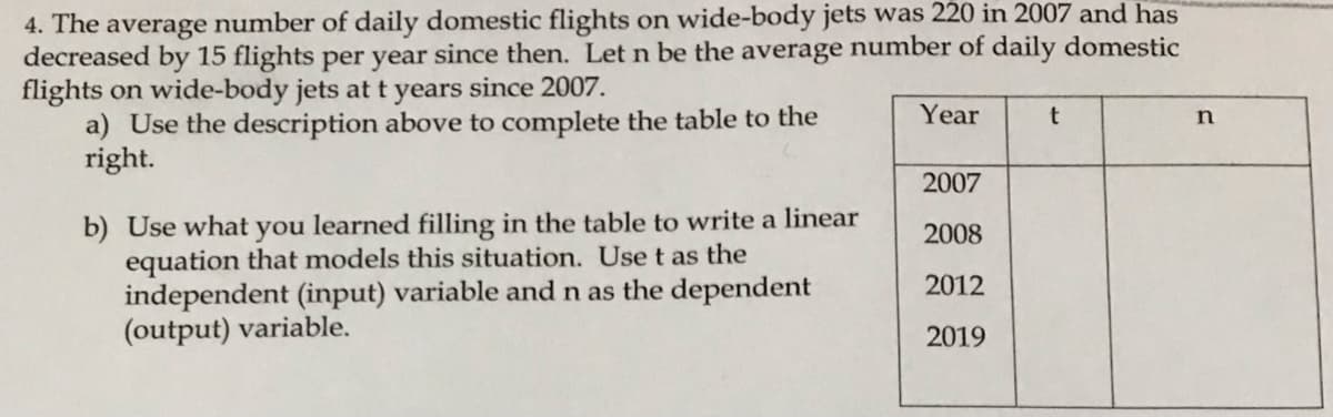 4. The average number of daily domestic flights on wide-body jets was 220 in 2007 and has
decreased by 15 flights per year since then. Let n be the average number of daily domestic
flights on wide-body jets at t years since 2007.
a) Use the description above to complete the table to the
right.
Year
n
2007
b) Use what you learned filling in the table to write a linear
equation that models this situation. Use t as the
independent (input) variable and n as the dependent
(output) variable.
2008
2012
2019
