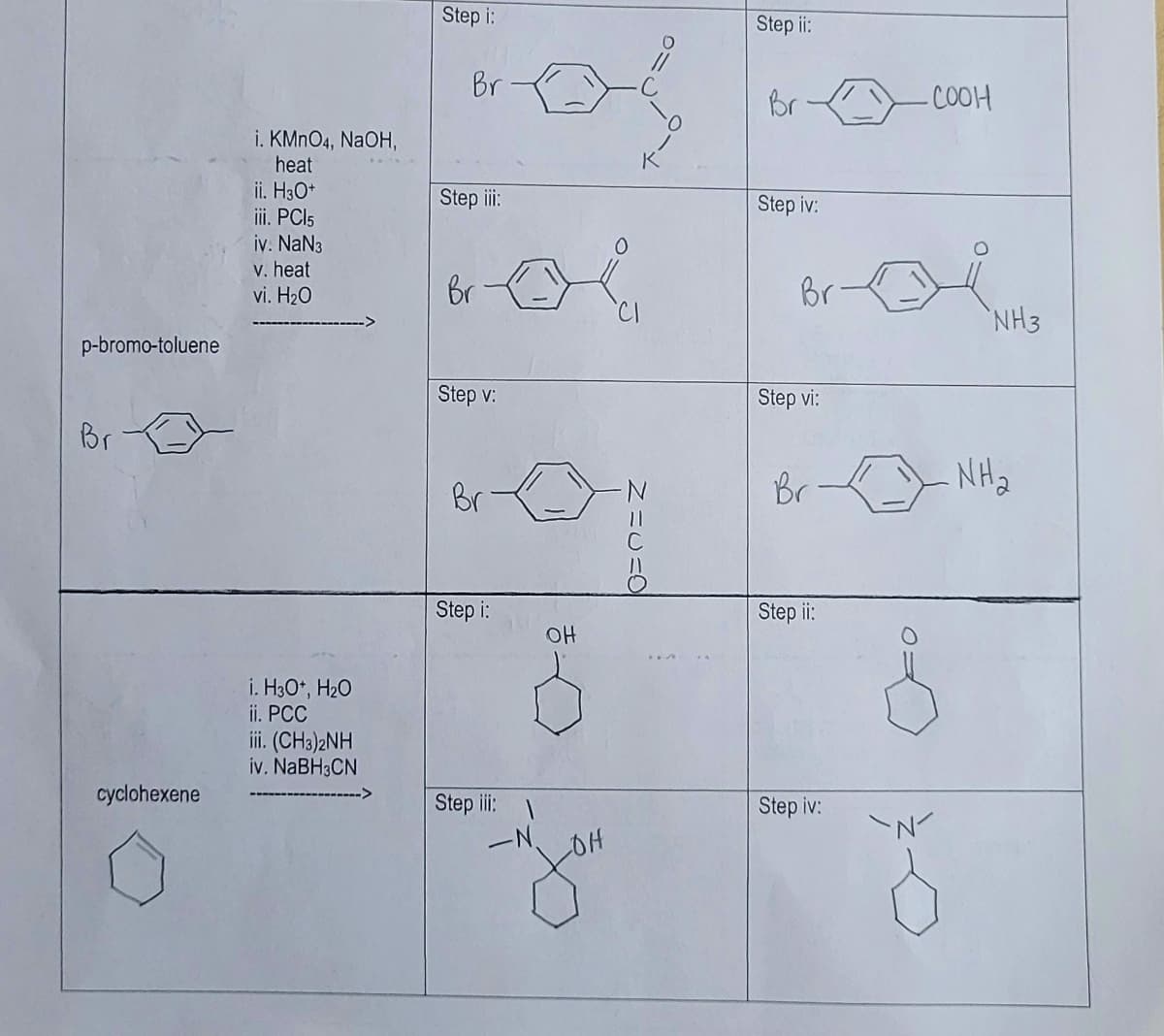 p-bromo-toluene
Br
cyclohexene
i. KMnO4, NaOH,
heat
ii. H3O+
iii. PC15
iv. NaN3
v. heat
vi. H₂O
i. H3O+, H₂O
ii. PCC
iii. (CH3)2NH
iv. NaBH3CN
Step i:
Br
Step iii:
Br
Step v:
Br
Step i:
Step iii:
-N.
OH
NICIO
Step ii:
Br
Step iv:
Br
Step vi:
Br
Step ii:
Step iv:
-COOH
NH3
NH₂