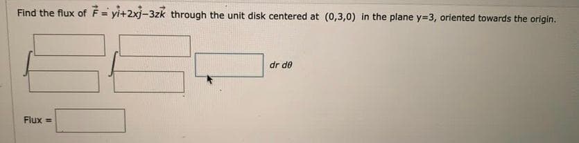 Find the flux of F = yi+2xj-3zk through the unit disk centered at (0,3,0) in the plane y=3, oriented towards the origin.
dr de
Flux =
