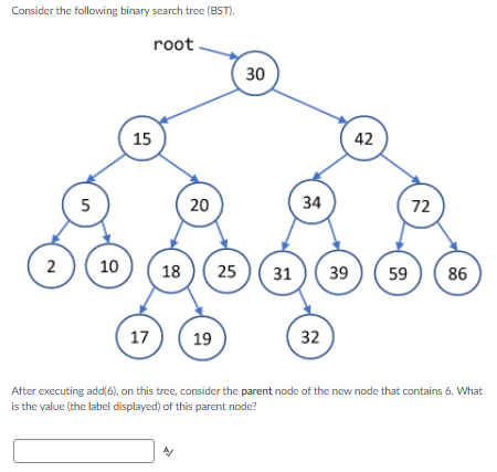 Consider the following binary search tree (BST).
root
5
10
15
20
18
30
34
25 31
2
59
86
17
19
32
After executing add(6), on this tree, consider the parent node of the new node that contains 6. What
is the value (the label displayed) of this parent node?
42
39
72