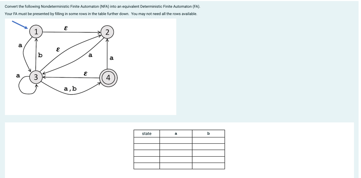 Convert the following Nondeterministic Finite Automaton (NFA) into an equivalent Deterministic Finite Automaton (FA).
Your FA must be presented by filling in some rows in the table further down. You may not need all the rows available.
a
b
a
a
a
3
4
a,b
state
a
b
