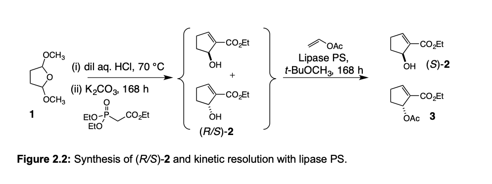 -CO̟Et
OAc
-co,Et
OCH3
(i) dil aq. HCI, 70 °C
Lipase PS,
t-BUOCH3, 168 h
OH
он (S)-2
(iї) K-СОз, 168 h
OCH3
-CO2Et
1
CO̟Et
Eto-P
EtO
ОН
ОАс 3
(R/S)-2
Figure 2.2: Synthesis of (R/S)-2 and kinetic resolution with lipase PS.
