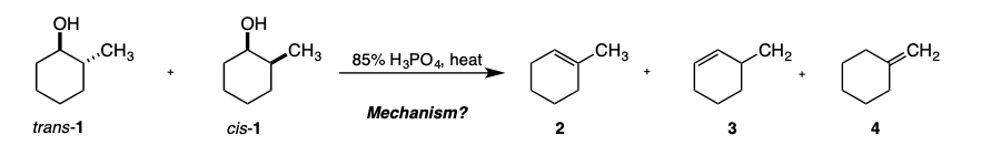 ОН
OH
.CH3
„CH3
85% H3PO4, heat
CH3
CH2
CH2
Mechanism?
trans-1
cis-1
2
3
