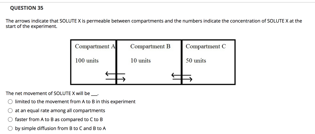 QUESTION 35
The arrows indicate that SOLUTE X is permeable between compartments and the numbers indicate the concentration of SOLUTE X at the
start of the experiment.
Compartment A
Compartment B
Compartment C
100 units
10 units
50 units
The net movement of SOLUTE X will be
limited to the movement from A to B in this experiment
at an equal rate among all compartments
faster from A to B as compared to C to B
by simple diffusion from B to C and B to A
