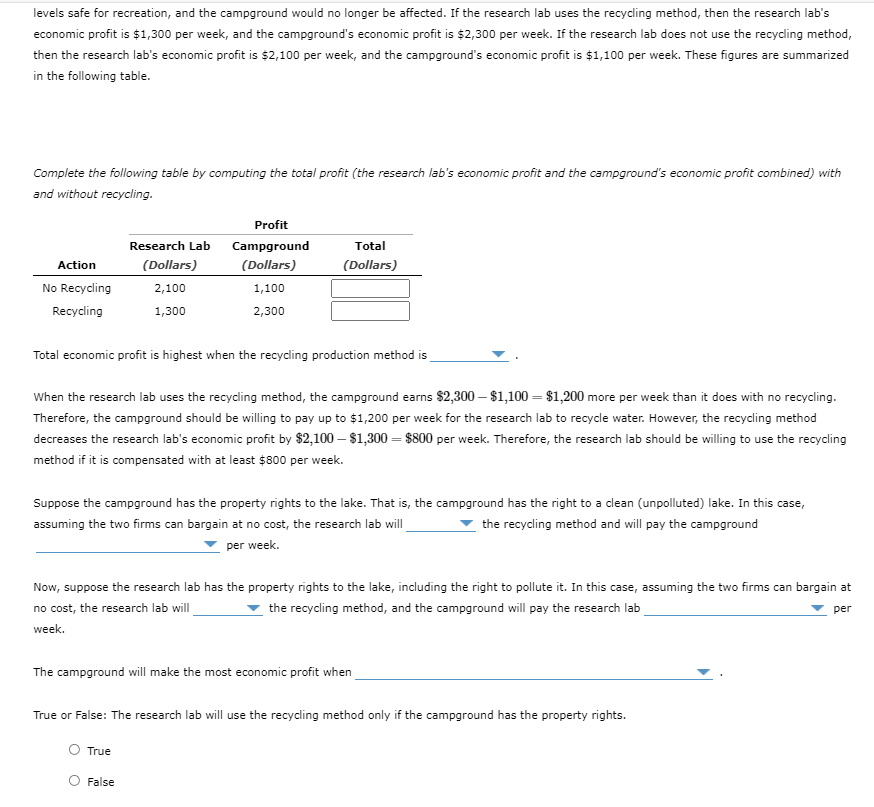 levels safe for recreation, and the campground would no longer be affected. If the research lab uses the recycling method, then the research lab's
economic profit is $1,300 per week, and the campground's economic profit is $2,300 per week. If the research lab does not use the recycling method,
then the research lab's economic profit is $2,100 per week, and the campground's economic profit is $1,100 per week. These figures are summarized
in the following table.
Complete the following table by computing the total profit (the research lab's economic profit and the campground's economic profit combined) with
and without recycling.
Profit
Research Lab
Campground
Total
Action
(Dollars)
(Dollars)
(Dollars)
No Recycling
2,100
1,100
Recycling
1,300
2,300
Total economic profit is highest when the recydling production method is
When the research lab uses the recycling method, the campground earns $2,300 – $1,100 = $1,200 more per week than it does with no recycling.
Therefore, the campground should be willing to pay up to $1,200 per week for the research lab to recycle water. However, the recycling method
decreases the research lab's economic profit by $2,100 – $1,300 = $800 per week. Therefore, the research lab should be willing to use the recycling
method if it is compensated with at least $800 per week.
Suppose the campground has the property rights to the lake. That is, the campground has the right to a clean (unpolluted) lake. In this case,
assuming the two firms can bargain at no cost, the research lab will
the recycling method and will pay the campground
per week.
Now, suppose the research lab has the property rights to the lake, including the right to pollute it. In this case, assuming the two firms can bargain at
no cost, the research lab will
the recycling method, and the campground will pay the research lab
per
week.
The campground will make the most economic profit when
True or False: The research lab will use the recycling method only if the campground has the property rights.
True
False

