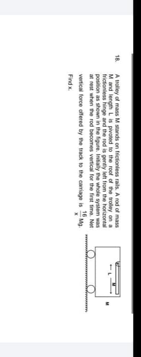 A trolley of mass M stands on frictionless rails. A rod of mass
M and length L is pivoted to the roof of the trolley on a
frictionless hinge and the rod is gently lett from the horizontal
16 Ma
position as shown in the figure. Initially the whole system was
at rest when the rod becomes vertical for the first time. Net
18.
vertical force offered by the track to the carriage is
Find x.
