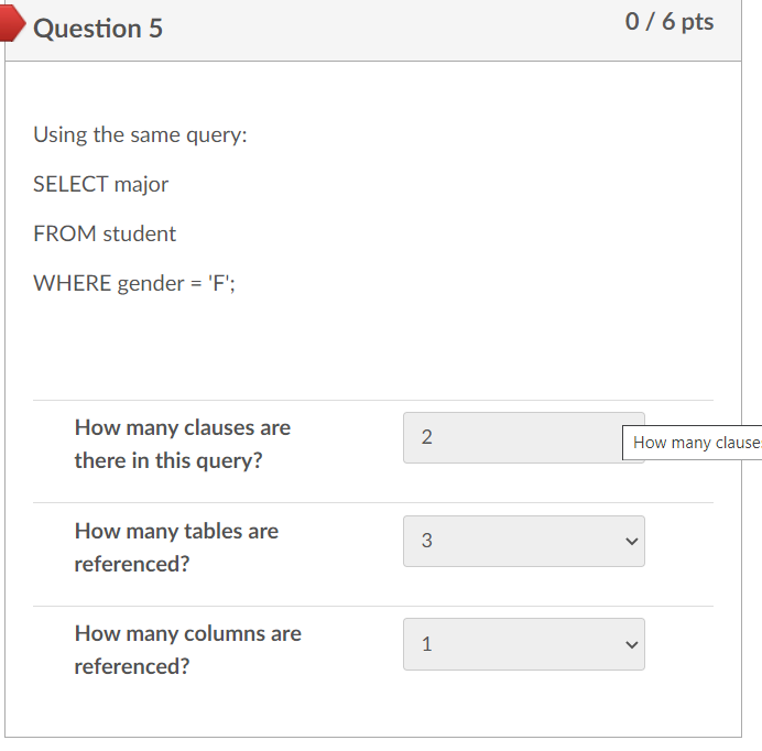 Question 5
0/ 6 pts
Using the same query:
SELECT major
FROM student
WHERE gender = 'F';
How many clauses are
How many clause.
there in this query?
How many tables are
3
referenced?
How many columns are
1
referenced?
>
>
