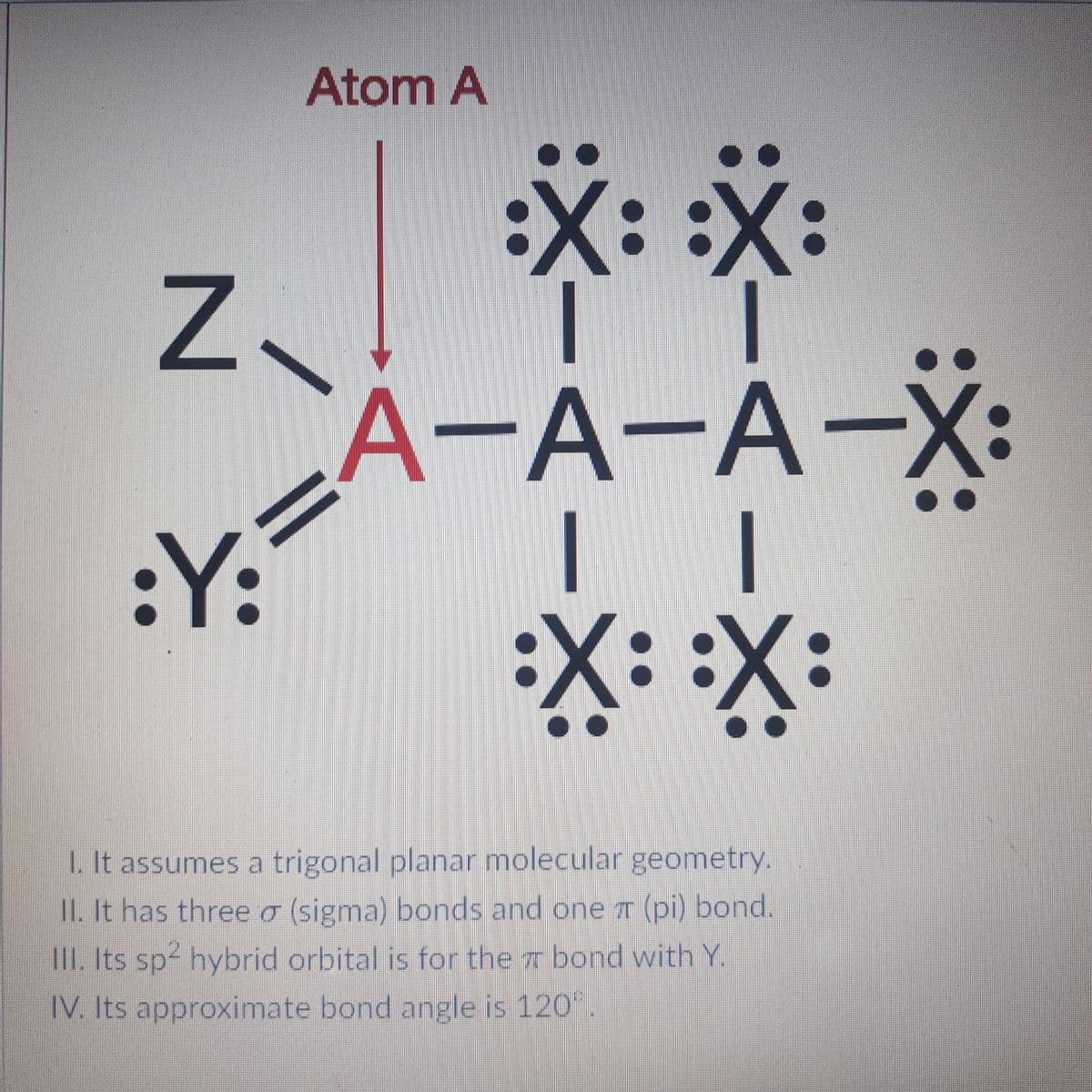 Atom A
Z.
А-А-А-Х
:Y:
..
..
I. It assumes a trigonal planar molecular geometry.
II. It has three o (sigma) bonds and oneT (pi) bond.
III. Its sp hybrid orbital is for the 7 bond with Y.
IV. Its approximate bond angle is 120"
