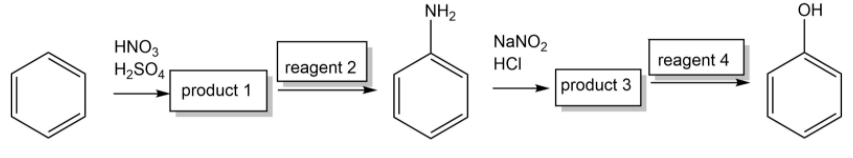 HNO3
H₂SO41
product 1
reagent 2
NH₂
NaNO₂
HCI
product 3
reagent 4
OH