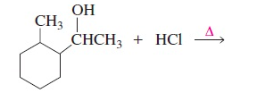 **Chemical Reaction Overview**

**Reactants:**
- **Organic Compound**: Involves a cyclohexane ring with a methyl group (CH₃) attached to one carbon, and a hydroxyl group (OH) as well as another methyl group (CH₃) attached to an adjacent carbon.
- **Hydrochloric acid (HCl)**

**Condition:**
- Heating (indicated by the triangle symbol, Δ)

**Reaction Representation:**
- The organic reactant (1-methyl-1-cyclohexanol) is shown as a structural formula.
- It reacts with hydrochloric acid (HCl).

**Explanation of Chemical Notation:**
- The cyclohexane ring is a hexagon.
- The CH₃ group is attached to one carbon on the ring.
- The next carbon on the ring has two substituents: a hydroxyl group (OH) and a CH₃ group.
- The "+" denotes a reaction with hydrochloric acid (HCl).
- The triangle symbol (Δ) above the arrow indicates that heat is applied to facilitate the reaction.

This reaction is likely an example of a dehydration process where an alcohol reacts with an acid under heat to form a different product, such as an alkene or another class of compounds.