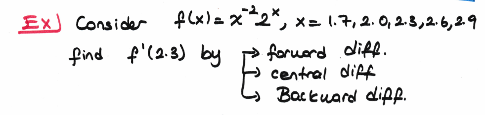 Ex) Consider flx)=x^2", x= 1.7,2.0, 2.3,2.6,2.9
P foruard diff.
central diff
Backuard difp.
find
f'(2.3) by
