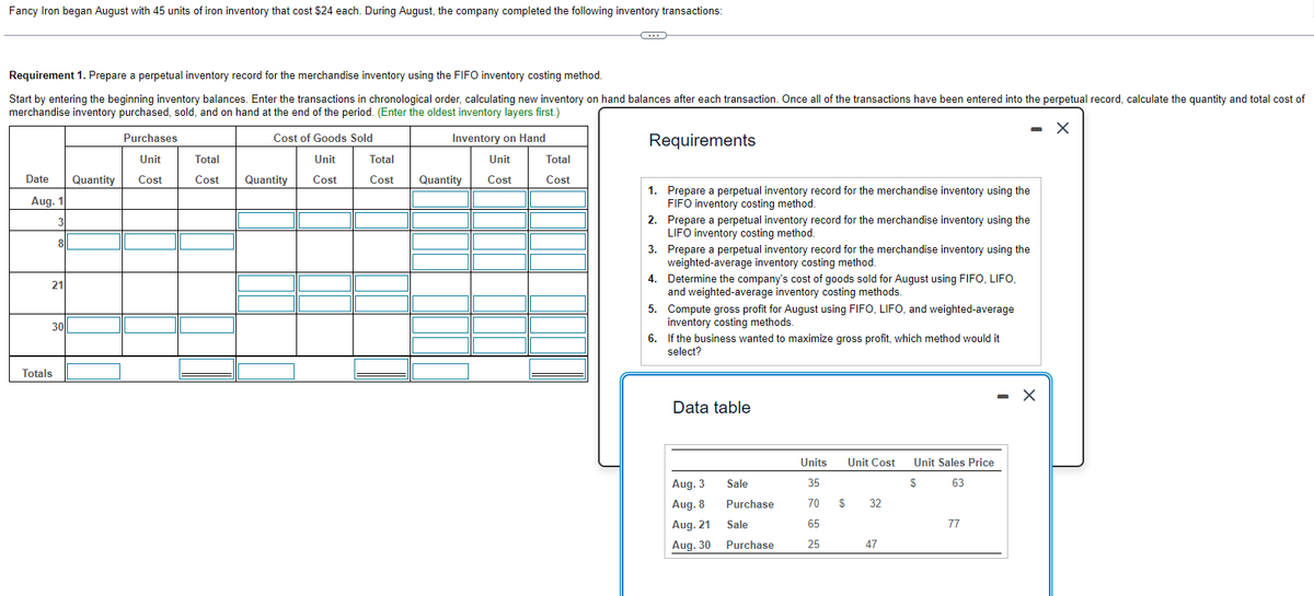 Fancy Iron began August with 45 units of iron inventory that cost $24 each. During August, the company completed the following inventory transactions:
Requirement 1. Prepare a perpetual inventory record for the merchandise inventory using the FIFO inventory costing method.
Start by entering the beginning inventory balances. Enter the transactions in chronological order, calculating new inventory on hand balances after each transaction. Once all of the transactions have been entered into the perpetual record, calculate the quantity and total cost of
merchandise inventory purchased, sold, and on hand at the end of the period. (Enter the oldest inventory layers first.)
- X
Cost of Goods Sold
Inventory on Hand
Requirements
Unit
Cost
Unit
Cost
Purchases
Unit
Date Quantity Cost
Aug. 1
3
81
21
30
Totals
Total
Cost
Quantity
Total
Cost
Quantity
C
Total
Cost
1.
Prepare a perpetual inventory record for the merchandise inventory using the
FIFO inventory costing method.
2.
Prepare a perpetual inventory record for the merchandise inventory using the
LIFO inventory costing method.
3.
4.
Determine the company's cost of goods sold for August using FIFO, LIFO,
and weighted-average inventory costing methods.
5.
6.
If the business wanted to maximize gross profit, which method would it
select?
Prepare a perpetual inventory record for the merchandise inventory using the
weighted-average inventory costing method.
Compute gross profit for August using FIFO, LIFO, and weighted-average
inventory costing methods.
Data table
Aug. 3
Aug. 8
Aug. 21
Aug. 30
Sale
Purchase
Sale
Purchase
Units Unit Cost
35
70 $ 32
65
25
47
Unit Sales Price
$
63
77
X