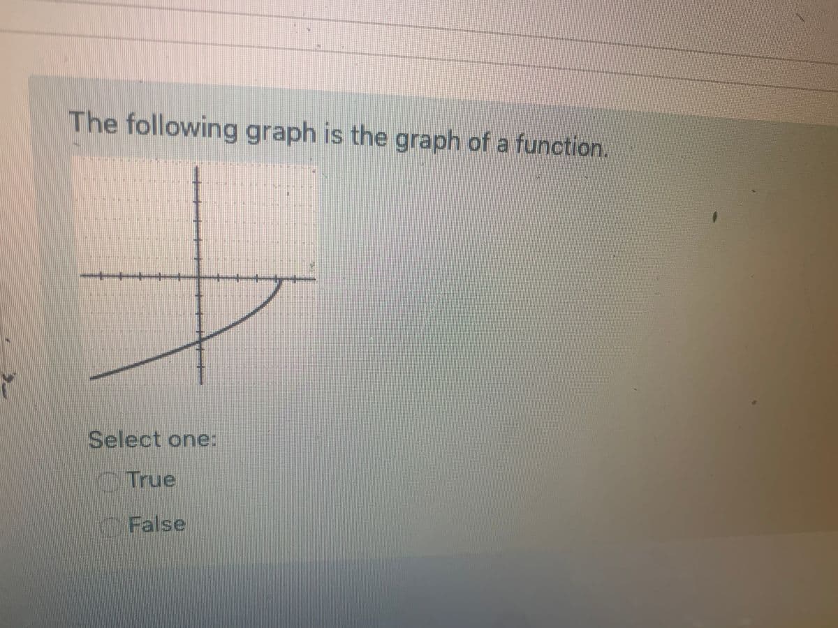 **Graph Analysis: Function Verification**

Text:

The following graph is the graph of a function.

[Graph Description]:
- The graph displays a curve on a Cartesian plane.
- The curve passes through the origin and splits into two branches:
  - One branch is in the first quadrant, curving upwards to the right.
  - The other branch is in the third quadrant, curving downwards to the left.

Select one:
- True
- False