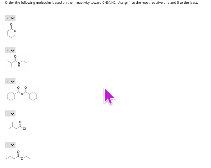 Order the following molecules based on their reactivity toward CH3NH2. Assign 1 to the most reactive one and 5 to the least.
Cl
>
