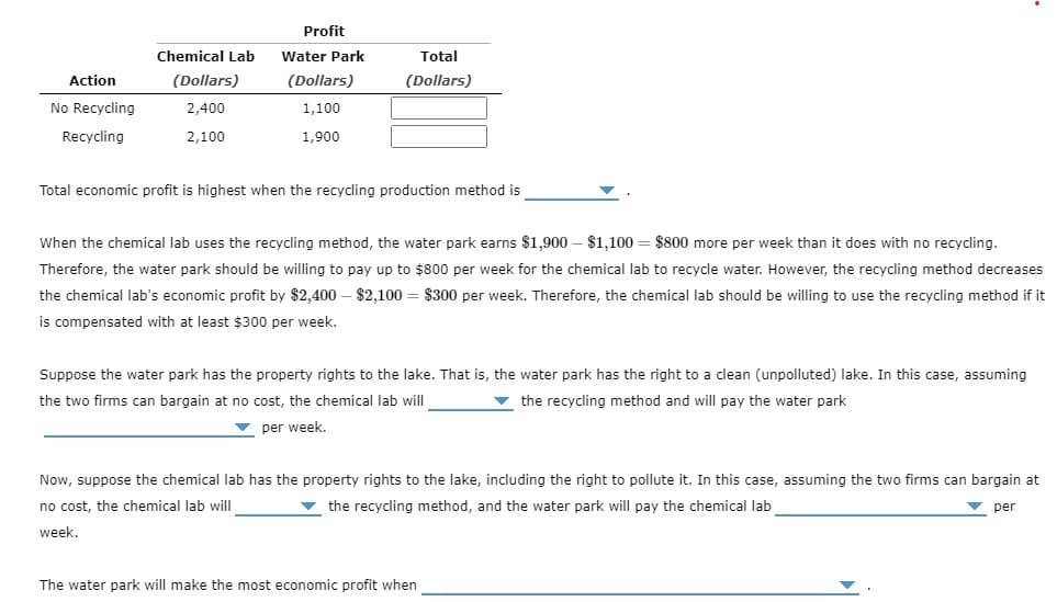 Action
No Recycling
Recycling
Chemical Lab
(Dollars)
2,400
2,100
Profit
Water Park
(Dollars)
1,100
1,900
Total
(Dollars)
Total economic profit is highest when the recycling production method is
When the chemical lab uses the recycling method, the water park earns $1,900 - $1,100 = $800 more per week than it does with no recycling.
Therefore, the water park should be willing to pay up to $800 per week for the chemical lab to recycle water. However, the recycling method decreases
the chemical lab's economic profit by $2,400 - $2,100 = $300 per week. Therefore, the chemical lab should be willing to use the recycling method if it
is compensated with at least $300 per week.
Suppose the water park has the property rights to the lake. That is, the water park has the right to a clean (unpolluted) lake. In this case, assuming
the two firms can bargain at no cost, the chemical lab will
the recycling method and will pay the water park
per week.
Now, suppose the chemical lab has the property rights to the lake, including the right to pollute it. In this case, assuming the two firms can bargain at
no cost, the chemical lab will
the recycling method, and the water park will pay the chemical lab
per
week.
The water park will make the most economic profit when