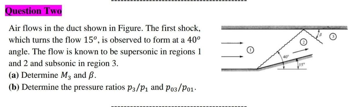 Question Two
Air flows in the duct shown in Figure. The first shock,
which turns the flow 15°, is observed to form at a 40°
angle. The flow is known to be supersonic in regions 1
and 2 and subsonic in region 3.
(a) Determine M3 and ß.
(b) Determine the pressure ratios P3/P1 and po3/Po1.
40°
