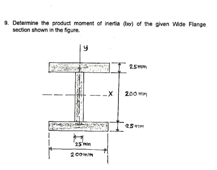 9. Determine the product moment of inertia (Ixy) of the given Wide Flange
section shown in the figure.
19
25 mm
-X.
200 mm
25 mm
25'mm
2 00mm
