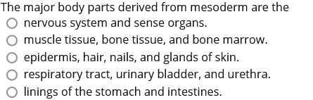 The major body parts derived from mesoderm are the
nervous system and sense organs.
muscle tissue, bone tissue, and bone marrow.
epidermis, hair, nails, and glands of skin.
respiratory tract, urinary bladder, and urethra.
linings of the stomach and intestines.
