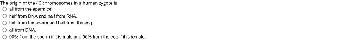 The origin of the 46 chromosomes in a human zygote is
O all from the sperm cell.
O half from DNA and half from RNA.
O half from the sperm and half from the egg.
O all from DNA.
O 90% from the sperm if it is male and 90% from the egg if it is female.
