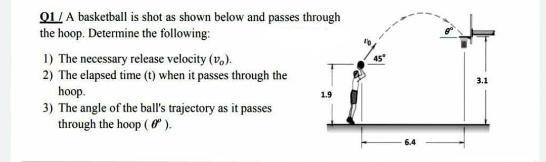 01/ A basketball is shot as shown below and passes through
the hoop. Determine the following:
1) The necessary release velocity (vo).
2) The elapsed time (t) when it passes through the
hoop.
3) The angle of the ball's trajectory as it
through the hoop(8 ).
45°
3.1
1.9
passes
6.4
