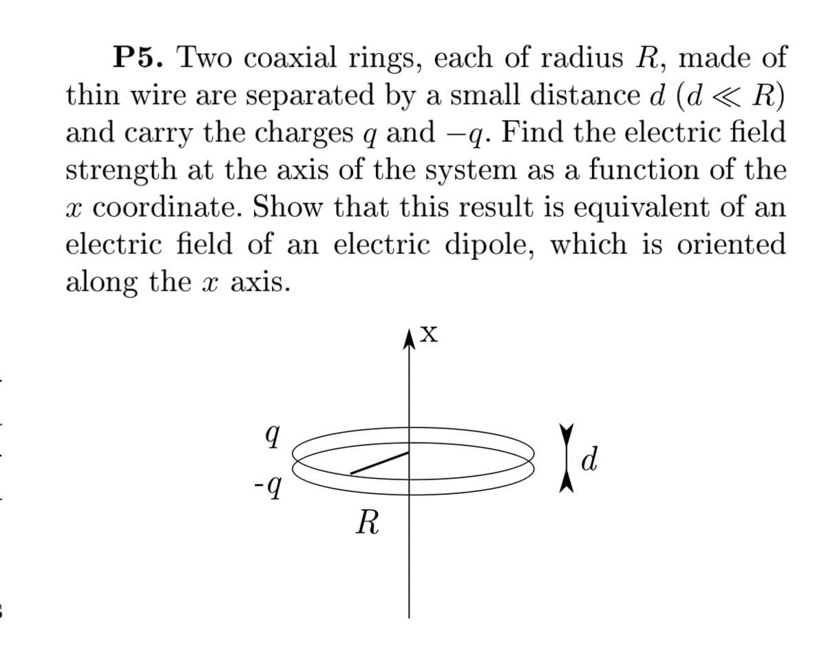 P5. Two coaxial rings, each of radius R, made of
thin wire are separated by a small distance d (d « R)
and carry the charges q and -q. Find the electric field
strength at the axis of the system as a function of the
x coordinate. Show that this result is equivalent of an
electric field of an electric dipole, which is oriented
along the x axis.
AX
d
-ą
R.
