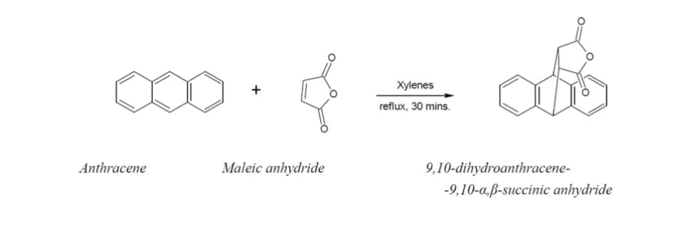 Anthracene
+
Maleic anhydride
Xylenes
reflux, 30 mins.
9,10-dihydroanthracene-
-9,10-a,ß-succinic anhydride