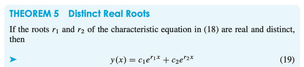 THEOREM 5 Distinct Real Roots
If the roots r₁ and r2 of the characteristic equation in (18) are real and distinct,
then
y(x) = c₁e¹¹x + c₂e¹2x
(19)