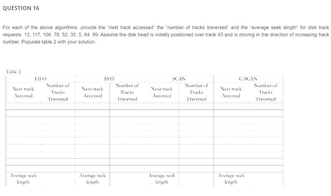 QUESTION 16
For each of the above algorithms, provide the "next track accessed" the "number of tracks traversed" and the "average seek length" for disk track
requests: 13, 117, 108, 78, 52, 35, 5, 64, 99. Assume the disk head is initially positioned over track 43 and is moving in the direction of increasing track
number. Populate table 2 with your solution.
Table 2
Next track
Accessed
FIFO
Average seek
length
Number of
Tracks
Traversed
SSTF
Next track.
Accessed
Average seek
length
Number of
Tracks
Traversed
SCAN
Next track
Accessed
Average seek
length
Number of
Tracks
Traversed
C-SCAN
Next track
Accessed
Average seek
length
Number of
Tracks
Traversed