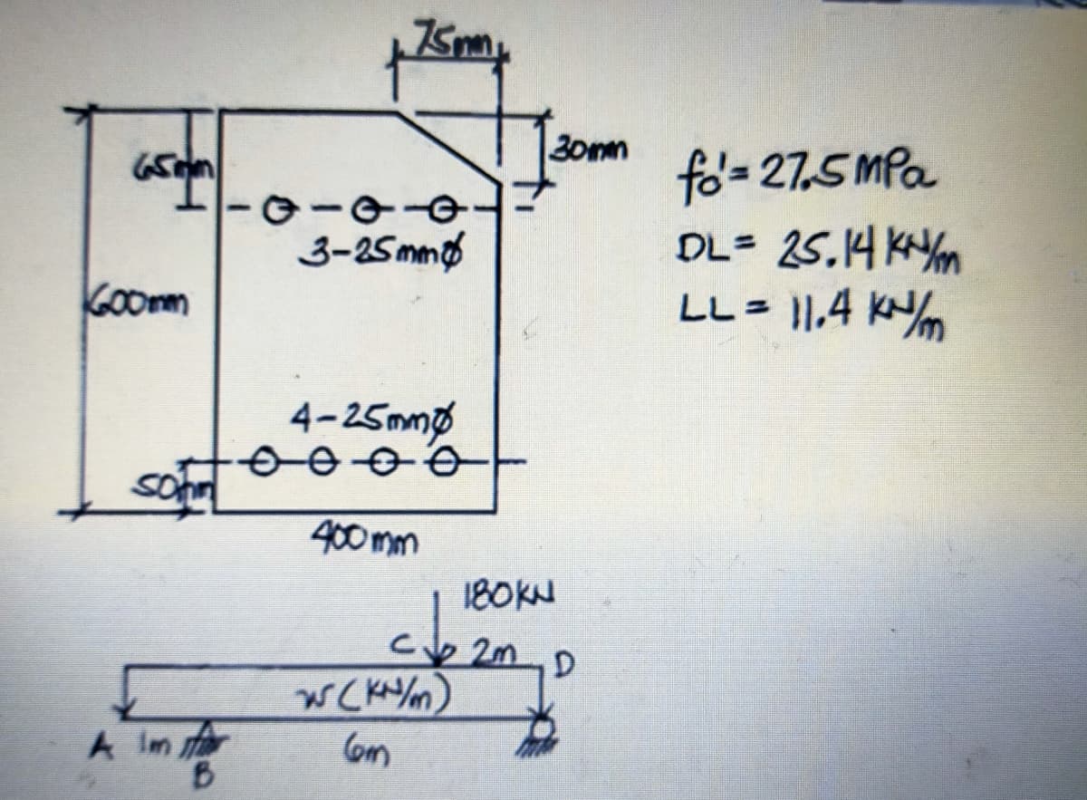 fo= 27,5 MPa
OL= 25,14 KNm
LL |1,4 Km
3-25mm
GOomm
4-25mm
Son
400 mm
180KN
2m
WCKYM)
om
A Im r
B.
