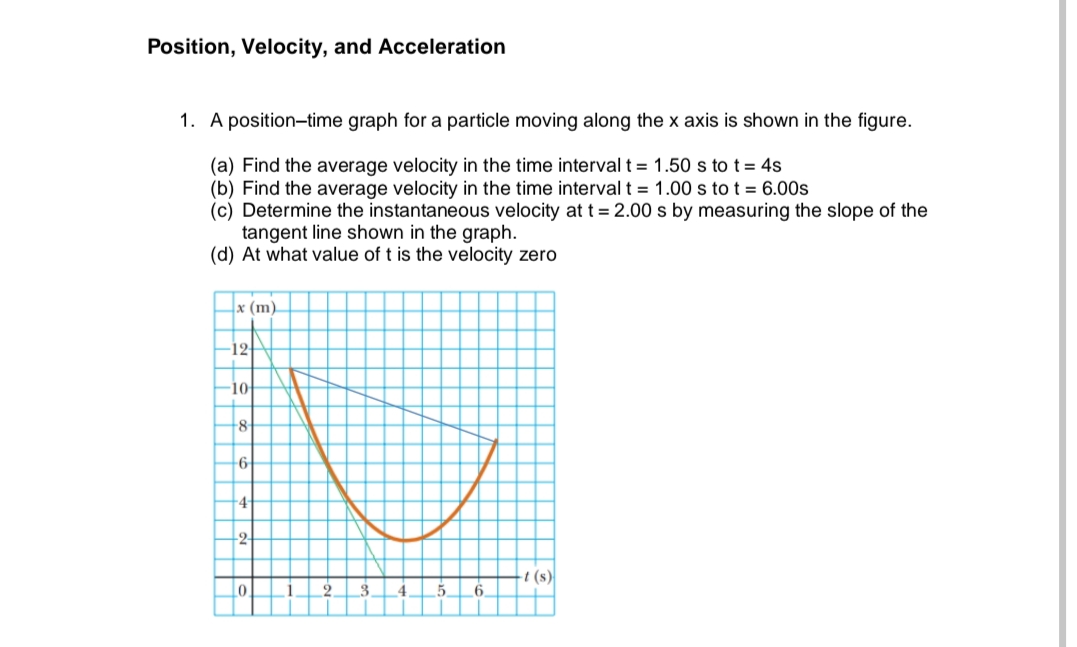 Position, Velocity, and Acceleration
1. A position-time graph for a particle moving along the x axis is shown in the figure.
(a) Find the average velocity in the time interval t = 1.50 s to t = 4s
(b) Find the average velocity in the time interval t = 1.00 s to t = 6.00s
(c) Determine the instantaneous velocity at t = 2.00 s by measuring the slope of the
tangent line shown in the graph.
(d) At what value of t is the velocity zero
x (m)
-t (s)
5
-12
-10
-8
-6
4
2-
0.
9
3
6