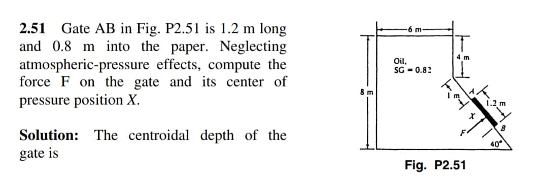 2.51 Gate AB in Fig. P2.51 is 1.2 m long
and 0.8 m into the paper. Neglecting
atmospheric-pressure effects, compute the
force F on the gate and its center of
6 m
4 m
Oil,
SG = 0.82
8 m
pressure position X.
1.2 m
Solution: The centroidal depth of the
40°
gate is
Fig. P2.51
