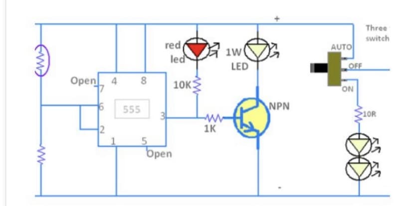 Three
switch
red
AUTO
1W
led
LED
OFF
Open 4
10KE
ON
555
NPN
3.
10R
1K
Open
00
2.
