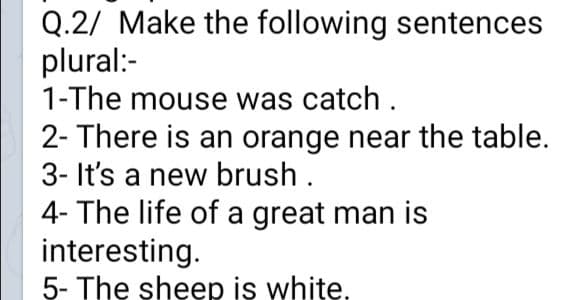 Q.2/ Make the following sentences
plural:-
1-The mouse was catch .
2- There is an orange near the table.
3- It's a new brush .
4- The life of a great man is
interesting.
5- The sheep is white.
