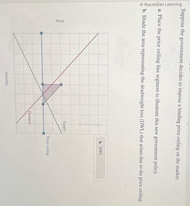 Macmillan Learning
Suppose the government decides to impose a binding price ceiling on the market.
a. Place the price ceiling line segment to illustrate this new government policy.
b.Shade the area representing the deadweight loss (DWL) that arises due to the price ceiling.
Price
Quantity
Supply
Demand
DWL
Price ceiling