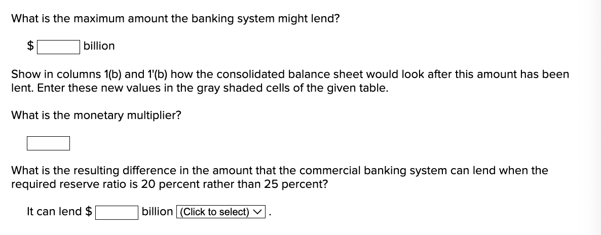What is the maximum amount the banking system might lend?
$
billion
Show in columns 1(b) and 1'(b) how the consolidated balance sheet would look after this amount has been
lent. Enter these new values in the gray shaded cells of the given table.
What is the monetary multiplier?
What is the resulting difference in the amount that the commercial banking system can lend when the
required reserve ratio is 20 percent rather than 25 percent?
It can lend $
billion (Click to select) ✓