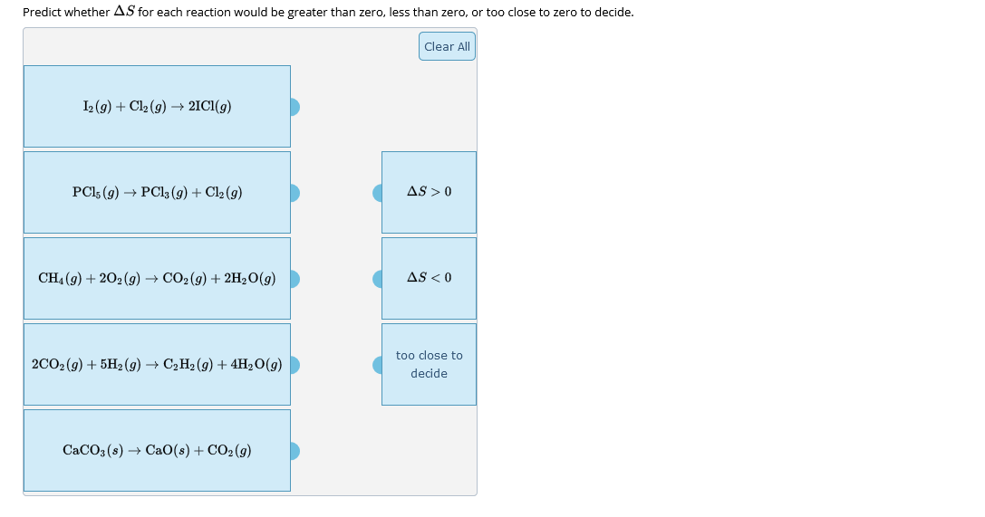 Predict whether AS for each reaction would be greater than zero, less than zero, or too close to zero to decide.
I2 (g) + Cl₂ (g) → 2IC1(g)
PC15 (9)→→ PC13 (9) + Cl₂ (9)
CH₁ (g) +202(g) → CO₂ (g) + 2H₂O(g)
2CO2(g) +5H2(g) → C₂H₂ (g) + 4H₂O(g)
CaCO3(s)→ CaO(s)+CO,(g)
Clear All
AS > 0
AS < 0
too close to
decide