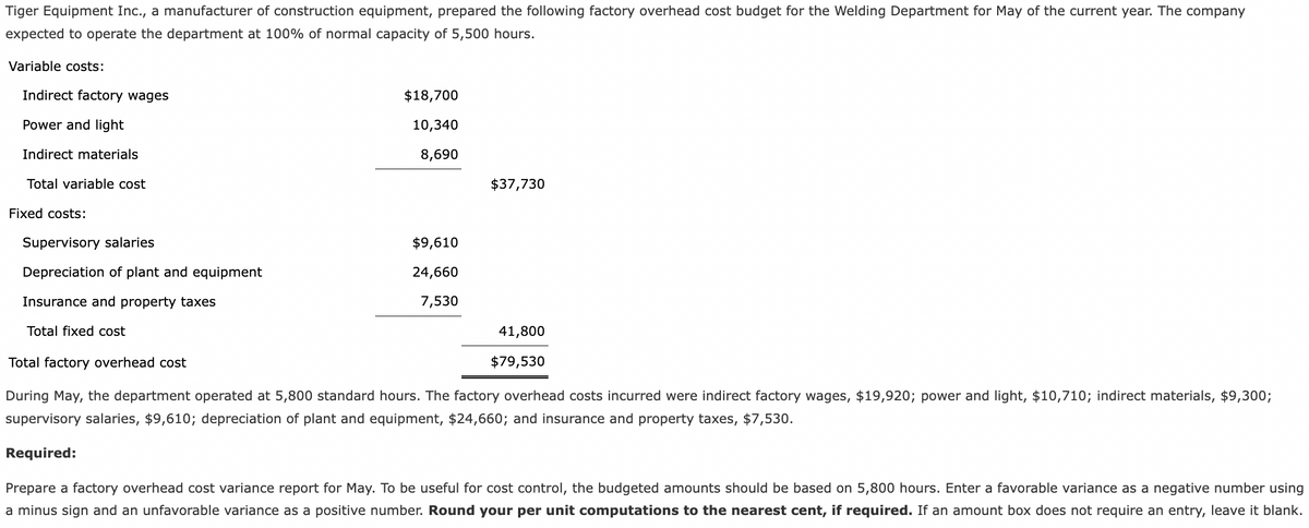 Tiger Equipment Inc., a manufacturer of construction equipment, prepared the following factory overhead cost budget for the Welding Department for May of the current year. The company
expected to operate the department at 100% of normal capacity of 5,500 hours.
Variable costs:
Indirect factory wages
Power and light
Indirect materials
Total variable cost
Fixed costs:
Supervisory salaries
Depreciation of plant and equipment
Insurance and property taxes
Total fixed cost
$18,700
10,340
8,690
$9,610
24,660
7,530
$37,730
41,800
$79,530
Total factory overhead cost
During May, the department operated at 5,800 standard hours. The factory overhead costs incurred were indirect factory wages, $19,920; power and light, $10,710; indirect materials, $9,300;
supervisory salaries, $9,610; depreciation of plant and equipment, $24,660; and insurance and property taxes, $7,530.
Required:
Prepare a factory overhead cost variance report for May. To be useful for cost control, the budgeted amounts should be based on 5,800 hours. Enter a favorable variance as a negative number using
a minus sign and an unfavorable variance as a positive number. Round your per unit computations to the nearest cent, if required. If an amount box does not require an entry, leave it blank.