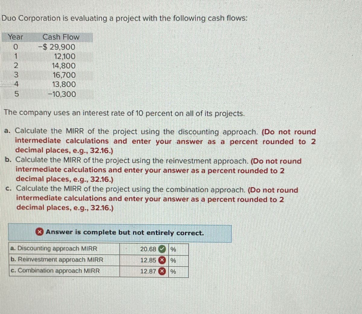 Duo Corporation is evaluating a project with the following cash flows:
Year
012345
Cash Flow
-$ 29,900
12,100
14,800
16,700
13,800
-10,300
The company uses an interest rate of 10 percent on all of its projects.
a. Calculate the MIRR of the project using the discounting approach. (Do not round
intermediate calculations and enter your answer as a percent rounded to 2
decimal places, e.g., 32.16.)
b. Calculate the MIRR of the project using the reinvestment approach. (Do not round
intermediate calculations and enter your answer as a percent rounded to 2
decimal places, e.g., 32.16.)
c. Calculate the MIRR of the project using the combination approach. (Do not round
intermediate calculations and enter your answer as a percent rounded to 2
decimal places, e.g., 32.16.)
Answer is complete but not entirely correct.
a. Discounting approach MIRR
b. Reinvestment approach MIRR
c. Combination approach MIRR
20.68
12.85 x
12.87 x