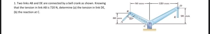 1. Two links AB and DE are connected by a bell crank as shown. Knowing
S0 mm
120 mm
that the tension in link AB is 720 N, determine (a) the tension in link DE,
(b) the reaction at C.
B
E
90 inm
60 mm
90
