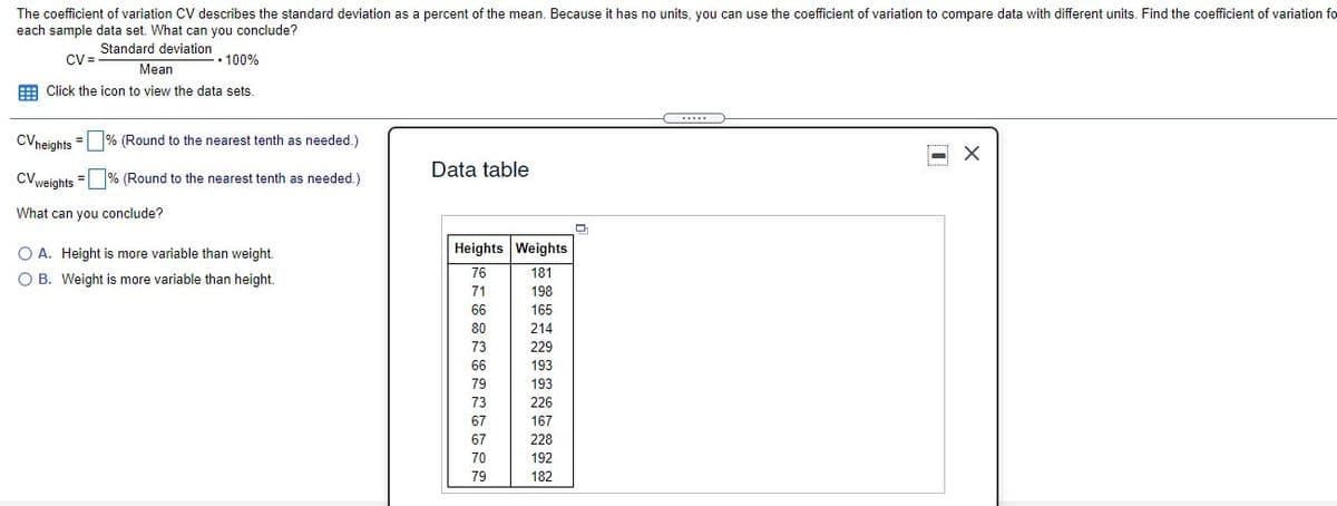 The coefficient of variation CV describes the standard deviation as a percent of the mean. Because it has no units, you can use the coefficient of variation to compare data with different units. Find the coefficient of variation fo
each sample data set. What can you conclude?
Standard deviation
CV =
• 100%
Mean
EE Click the icon to view the data sets.
CVneights =
(Round to the nearest tenth as needed.)
Data table
CVweights = % (Round to the nearest tenth as needed.)
What can you conclude?
Heights Weights
O A. Height is more variable than weight.
O B. Weight is more variable than height.
76
181
71
198
66
165
80
214
73
229
66
193
79
193
73
226
67
167
67
228
70
192
79
182
