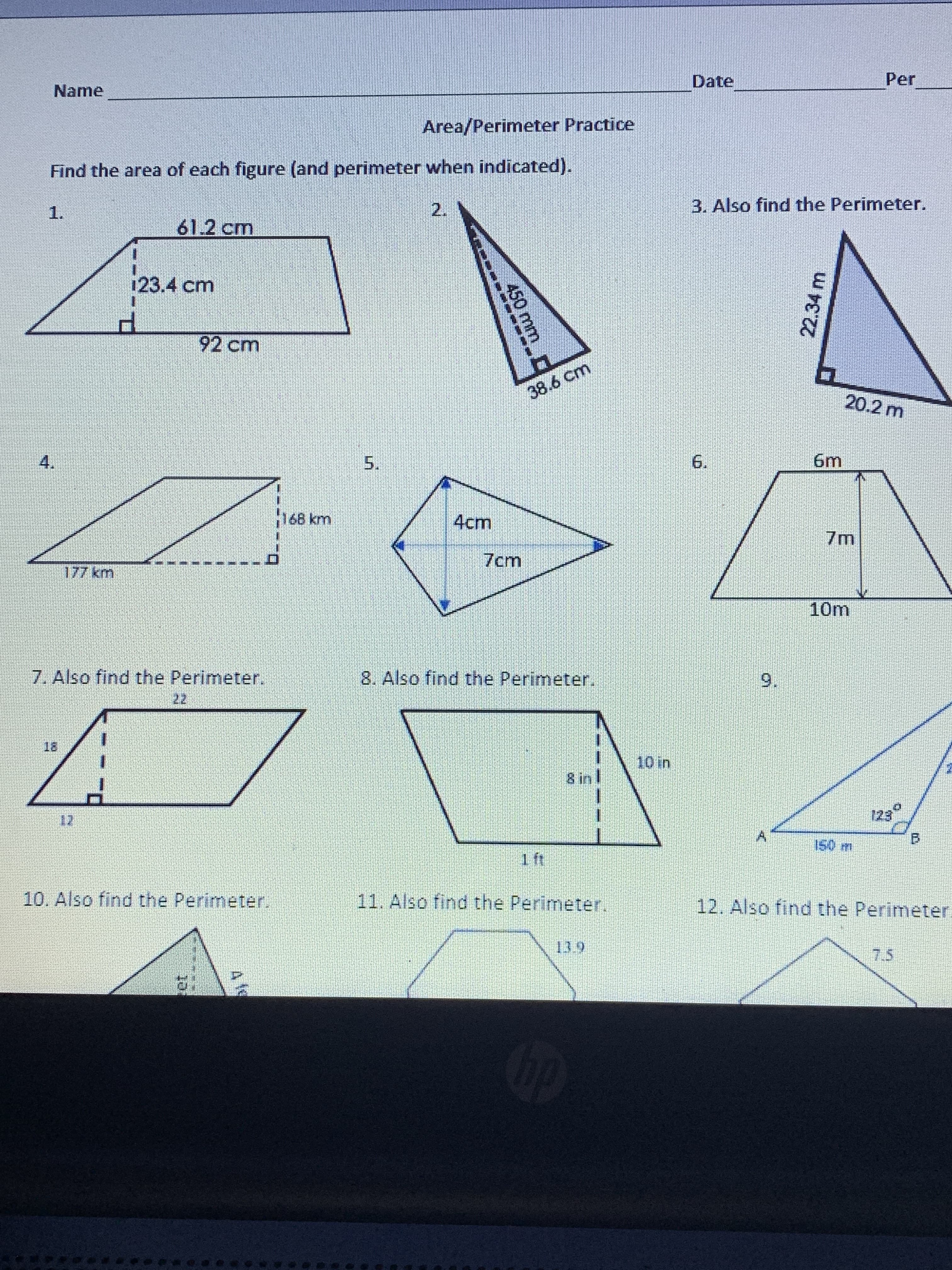 Find the area of each figure (and perir
1.
61.2 cm
123.4 cm
92 cm
