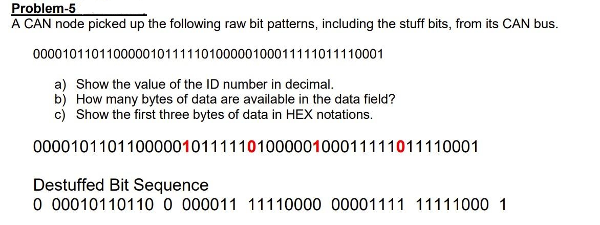 Problem-5
A CAN node picked up the following raw bit patterns, including the stuff bits, from its CAN bus.
000010110110000010111110100000100011111011110001
a) Show the value of the ID number in decimal.
b) How many bytes of data are available in the data field?
c) Show the first three bytes of data in HEX notations.
000010110110000010111110100000100011111011110001
Destuffed Bit Sequence
0 00010110110 0 000011 11110000 00001111 11111000 1
