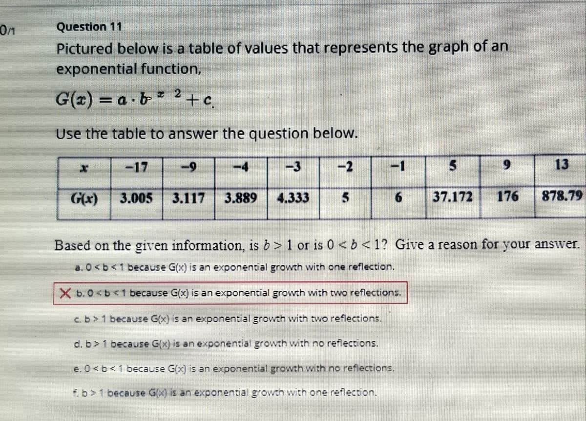 Question 11
Pictured below is a table of values that represents the graph of an
exponential function,
G(x) = a · b ²+c.
Use the table to answer the question below.
-17
-9
-4
-3
-2
-1
6.
13
G(x)
3.005
3.117
3.889
4.333
5
6.
37.172
176
878.79
Based on the given information, is b > 1 or is 0<b<1? Give a reason for your answer.
a. 0 <b<1 because G(x) is an exponential growth with one reflection.
X b.0<b<1 because G(x) is an exponential growth with two reflections.
c.b>1 because G(x) is an exponential growth with two reflections.
d. b> 1 because G(X) is an exponential growth with no reflections.
e. 0<b<1 because G(x) is an exponential growth with no reflections.
K.b 1 because G(x) is an exponential growth with one reflecttion.
