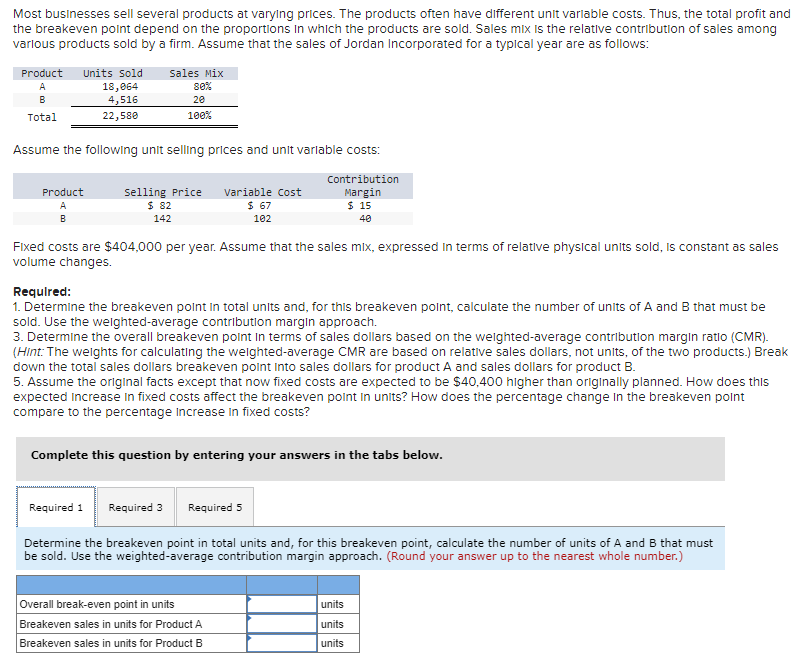 Most businesses sell several products at varying prices. The products often have different unit variable costs. Thus, the total profit and
the breakeven point depend on the proportions in which the products are sold. Sales mix is the relative contribution of sales among
various products sold by a firm. Assume that the sales of Jordan Incorporated for a typical year are as follows:
Product Units Sold
Sales Mix
A
B
Total
18,064
4,516
22,580
80%
20
100%
Assume the following unit selling prices and unit variable costs:
Product
A
Selling Price
$ 82
B
142
Variable Cost
$ 67
102
Contribution
Margin
$ 15
40
Fixed costs are $404,000 per year. Assume that the sales mix, expressed in terms of relative physical units sold, is constant as sales
volume changes.
Required:
1. Determine the breakeven point in total units and, for this breakeven point, calculate the number of units of A and B that must be
sold. Use the weighted-average contribution margin approach.
3. Determine the overall breakeven point in terms of sales dollars based on the weighted-average contribution margin ratio (CMR).
(Hint: The weights for calculating the weighted-average CMR are based on relative sales dollars, not units, of the two products.) Break
down the total sales dollars breakeven point into sales dollars for product A and sales dollars for product B.
5. Assume the original facts except that now fixed costs are expected to be $40,400 higher than originally planned. How does this
expected increase in fixed costs affect the breakeven point in units? How does the percentage change in the breakeven point
compare to the percentage increase in fixed costs?
Complete this question by entering your answers in the tabs below.
Required 1
Required 3 Required 5
Determine the breakeven point in total units and, for this breakeven point, calculate the number of units of A and B that must
be sold. Use the weighted-average contribution margin approach. (Round your answer up to the nearest whole number.)
Overall break-even point in units
Breakeven sales in units for Product A
units
units
Breakeven sales in units for Product B
units