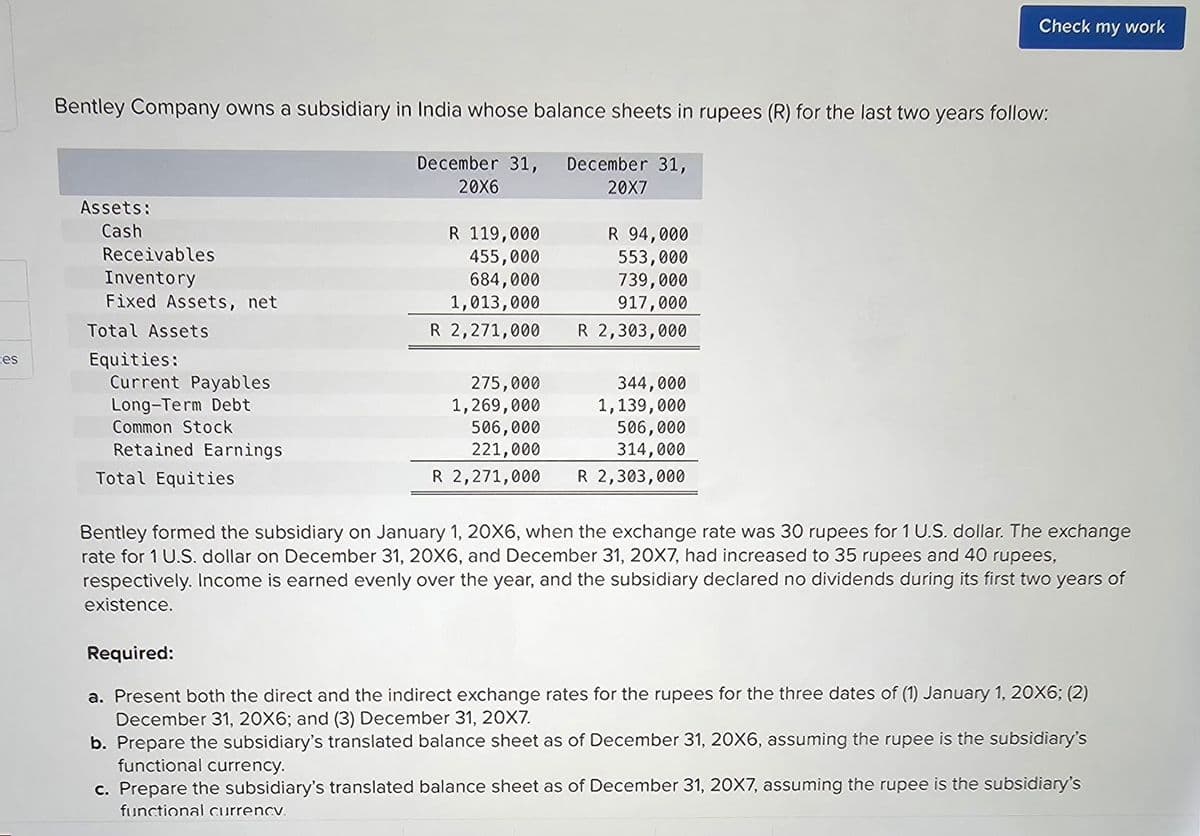 ces
Bentley Company owns a subsidiary in India whose balance sheets in rupees (R) for the last two years follow:
December 31, December 31,
20X6
20X7
Assets:
Cash
Receivables
Inventory
Fixed Assets, net
Total Assets
Equities:
Current Payables
Long-Term Debt
Common Stock
Retained Earnings
Total Equities
R 119,000
455,000
684,000
1,013,000
R 2,271,000
R 94,000
553,000
739,000
917,000
R 2,303,000
Check my work
275,000
344,000
1,269,000
1,139,000
506,000
506,000
221,000
314,000
R 2,271,000 R 2,303,000
Bentley formed the subsidiary on January 1, 20X6, when the exchange rate was 30 rupees for 1 U.S. dollar. The exchange
rate for 1 U.S. dollar on December 31, 20X6, and December 31, 20X7, had increased to 35 rupees and 40 rupees,
respectively. Income is earned evenly over the year, and the subsidiary declared no dividends during its first two years of
existence.
Required:
a. Present both the direct and the indirect exchange rates for the rupees for the three dates of (1) January 1, 20X6; (2)
December 31, 20X6; and (3) December 31, 20X7.
b. Prepare the subsidiary's translated balance sheet as of December 31, 20X6, assuming the rupee is the subsidiary's
functional currency.
c. Prepare the subsidiary's translated balance sheet as of December 31, 20X7, assuming the rupee is the subsidiary's
functional currency.