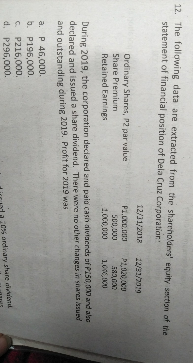 12. The following data are extracted from the shareholders' equity section of the
statement of financial position of Dela Cruz Corporation:
12/31/2018
12/31/2019
Ordinary Shares, P2 par value
P1,000,000
P1,020,000
Share Premium
500,000
1,000,000
580,000
Retained Earnings
1,046,000
During 2019, the corporation declared and paid cash dividends of P150,000 and also
declared and issued a share dividend. There were no other changes in shares issued
and outstanding during 2019. Profit for 2019 was
P 46,000.
b. P196,000.
а.
P216,000.
d. P296,000.
С.
a 10% ordinary share dividend.
