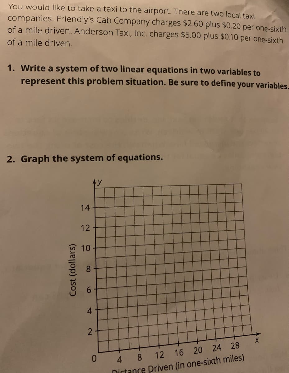 You would like to take a taxi to the airport. There are two local taxi
companies. Friendly's Cab Company charges $2.60 plus $0.20 per one-sixth
of a mile driven. Anderson Taxi, Inc. charges $5.00 plus $0.10 per one-sixth
of a mile driven.
1. Write a system of two linear equations in two variables to
represent this problem situation. Be sure to define your variables-
2. Graph the system of equations.
14
12
10
8.
4
2
4 8 12 16 20 24 28
Distance Driven (in one-sixth miles)
Cost (dollars)
